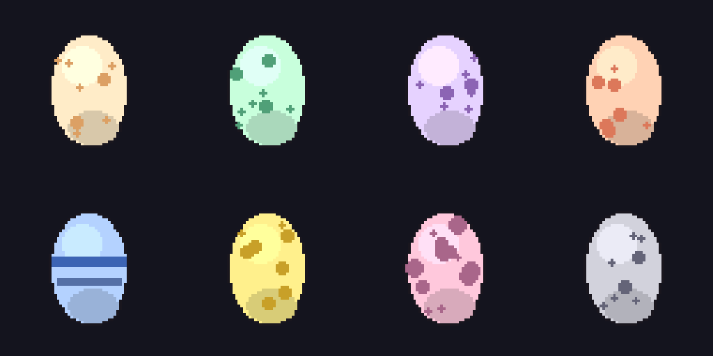 Egg trait sheet E01–E12 (examples, not mint supply)